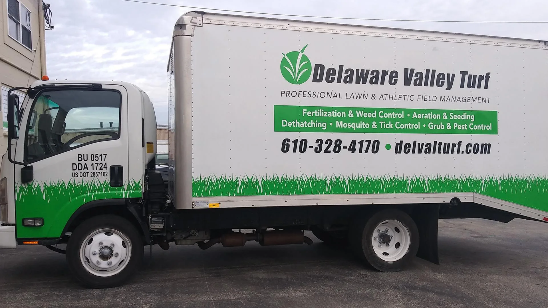 A Delaware Valley Turf truck parked at a home in Pennsylvania.